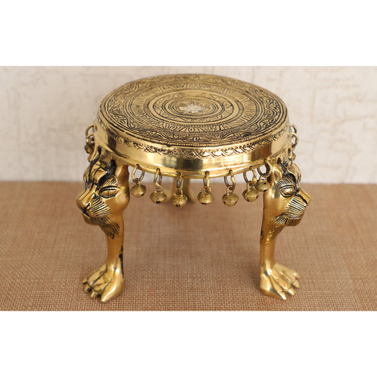 Brass Chakra embossed Chowki antique finish side view — Indian Art Villa