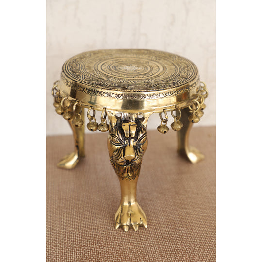 Brass Chakra embossed Chowki antique finish top view — Indian Art Villa