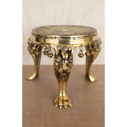 Brass Chakra embossed Chowki antique finish front view — Indian Art Villa