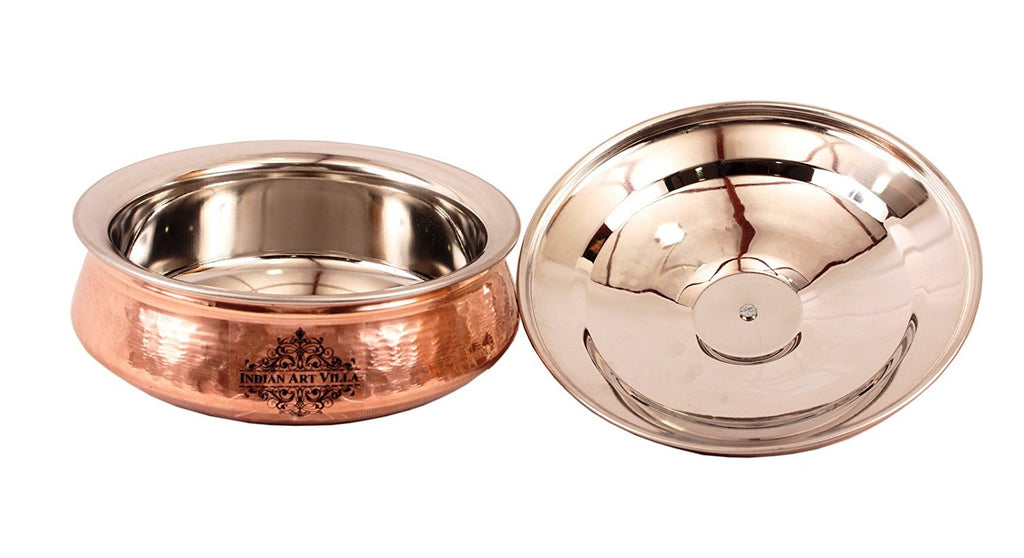 Steel Copper Hammered Handi Bowl with Lid 750 ML