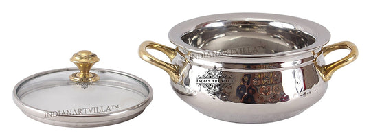 Hammered Steel Handi With Glass Lid & Brass Handle Elegant And Durable Handi- Perfect For Serving 450 ML