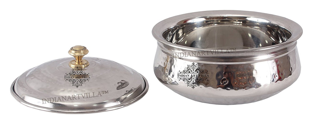 Indian Art Villa Steel Hammered Design Handi Bowl with Lid - 1000 ML