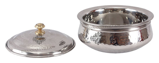 Handmade Pure Steel Hammered Design Handi Bowl or Lid with Brass Knob- 1000 ML