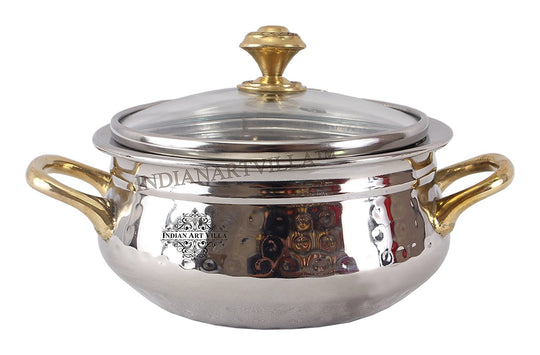 Hammered Steel Handi With Glass Lid & Brass Handle Elegant And Durable Handi- Perfect For Serving 450 ML