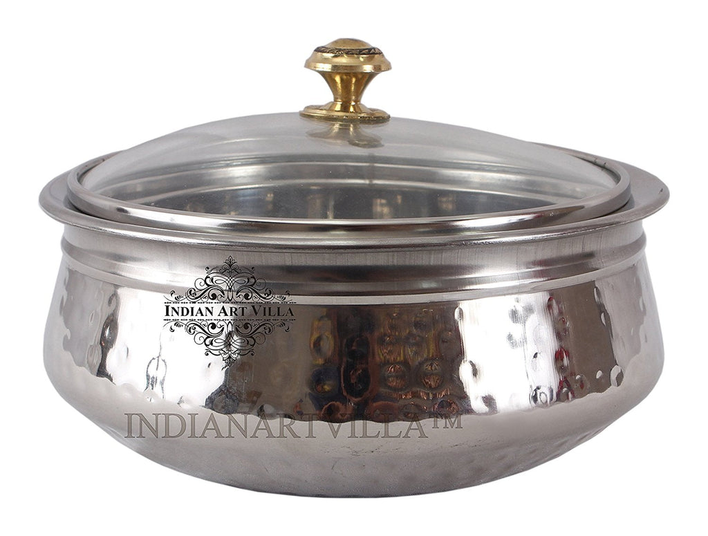 Indian Art Villa Pure Steel D/W Hammered Design Handi Bowl with Glass Lid
