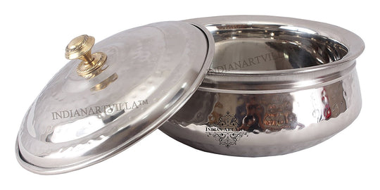 Handmade Pure Steel Hammered Design Handi Bowl or Lid with Brass Knob- 1000 ML