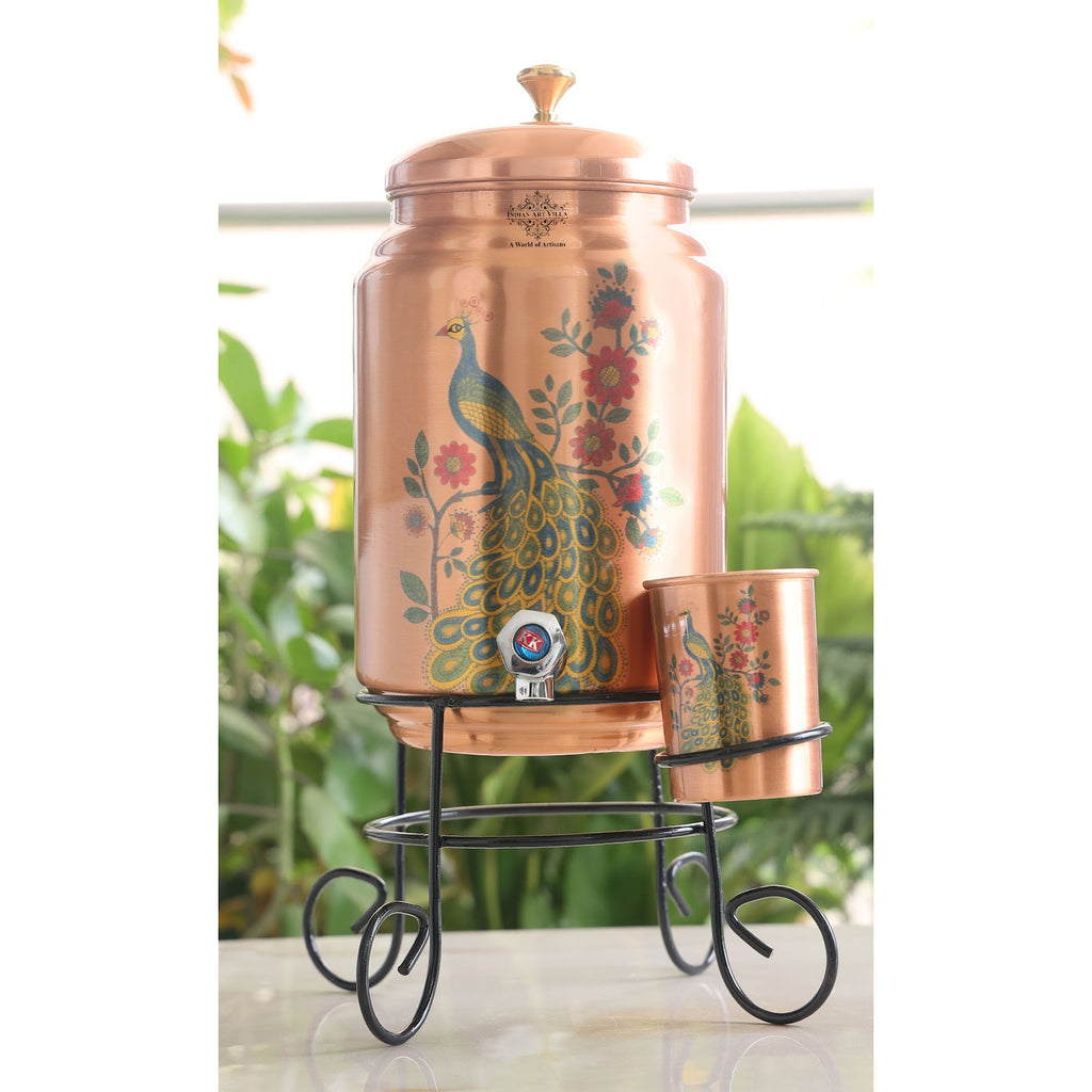 INDIAN ART VILLA Copper Peacock Printed Design Water Pot With Stand & Glass 5 Ltr