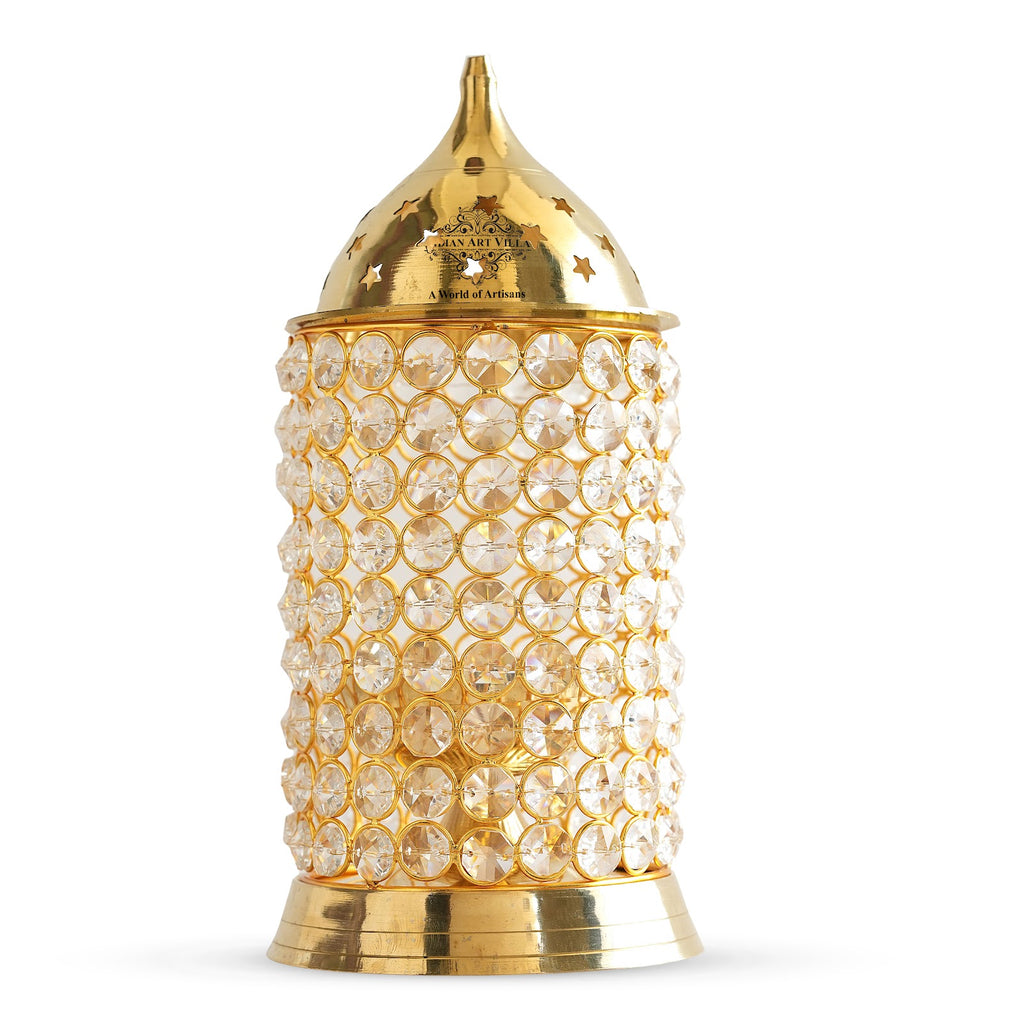 Indian Art Villa Brass Crystal Design Diya, Spiritual Item, Akhand Deepak, 10.5 inch Height