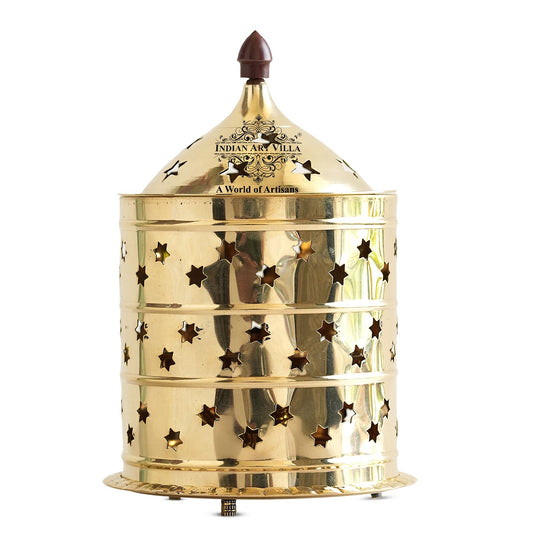 Pure Brass Akhand Jyot Diya, Star Design, Molded Brass Lid