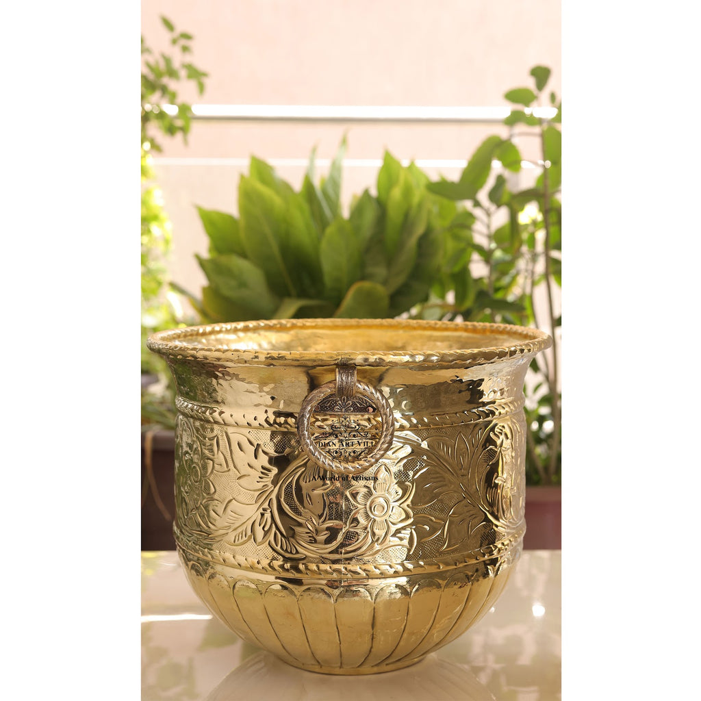 Indian Art Villa Pure Brass Planter With Attatched Handle, Embossed Design Container