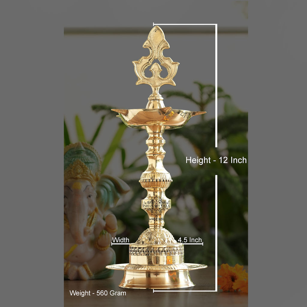 Indian Art Villa Brass Standing Pillar Diya, Kerala Murga Plain Design, Oil Lamp, Cultural Symbolism
