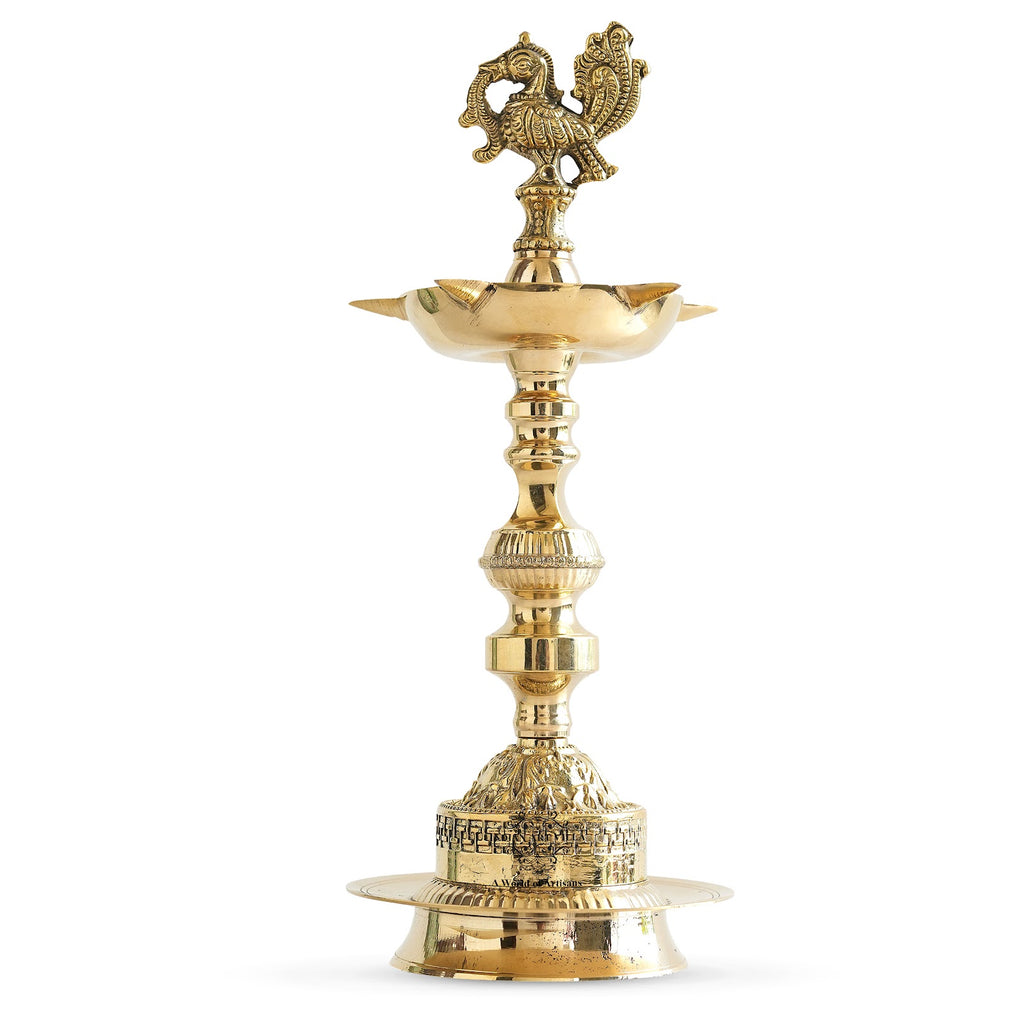 Indian Art Villa Handcrafted Brass Standing Pillar Diya with Maharaja Murga Design, Deepawali Indian Item
