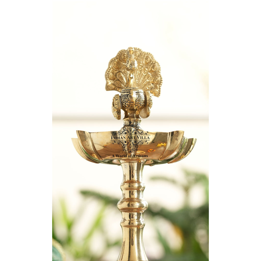 Indian Art Villa Brass Stand Pillar Diya, Peacock Design, Pooja, Home Decor & Diwali Gift Item