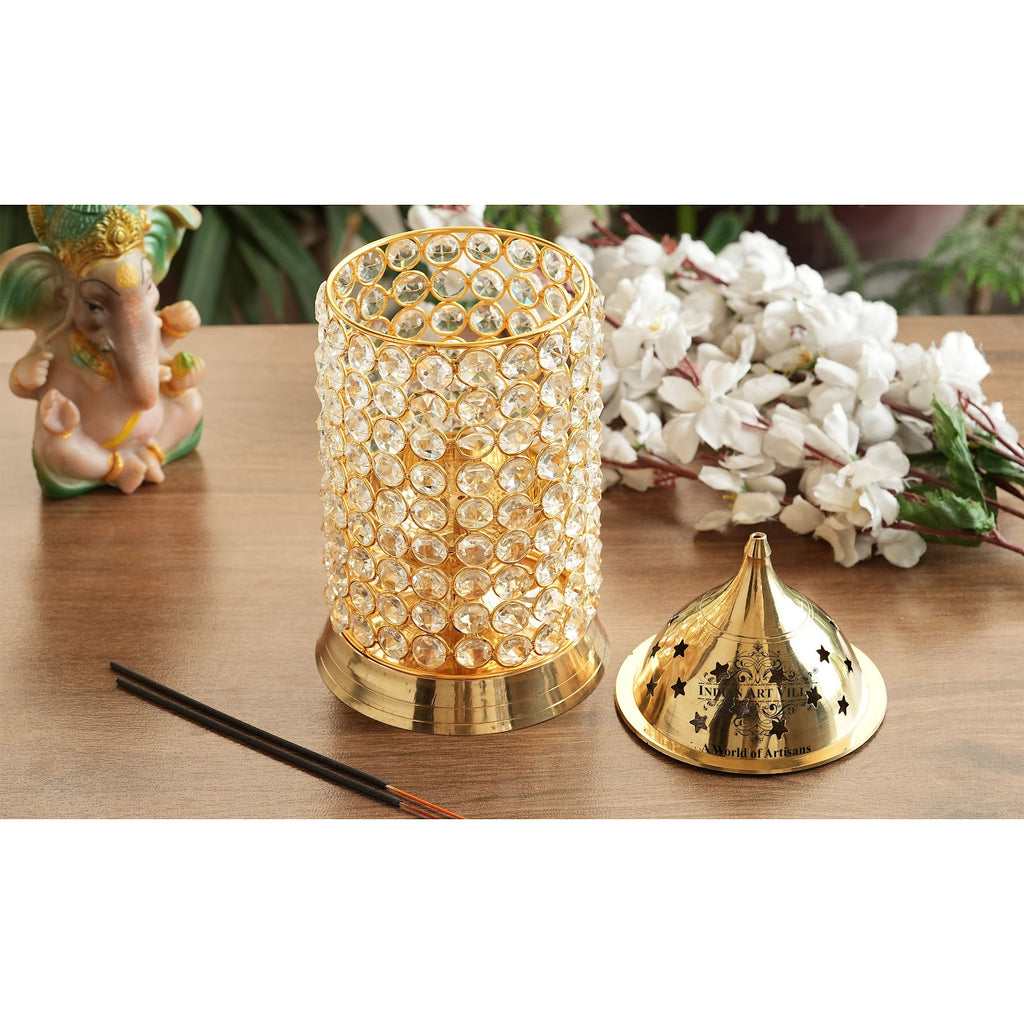 Indian Art Villa Brass Crystal Design Diya, Spiritual Item, Akhand Deepak, 10.5 inch Height