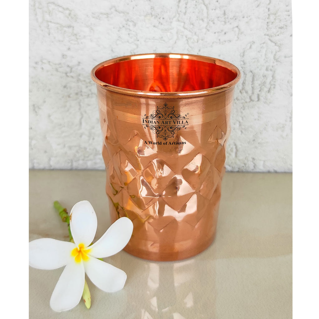 Indian Art Villa Pure Copper Glass, Diamond Hammered Design, Drinkware, Ayurvedic Health Benefit
