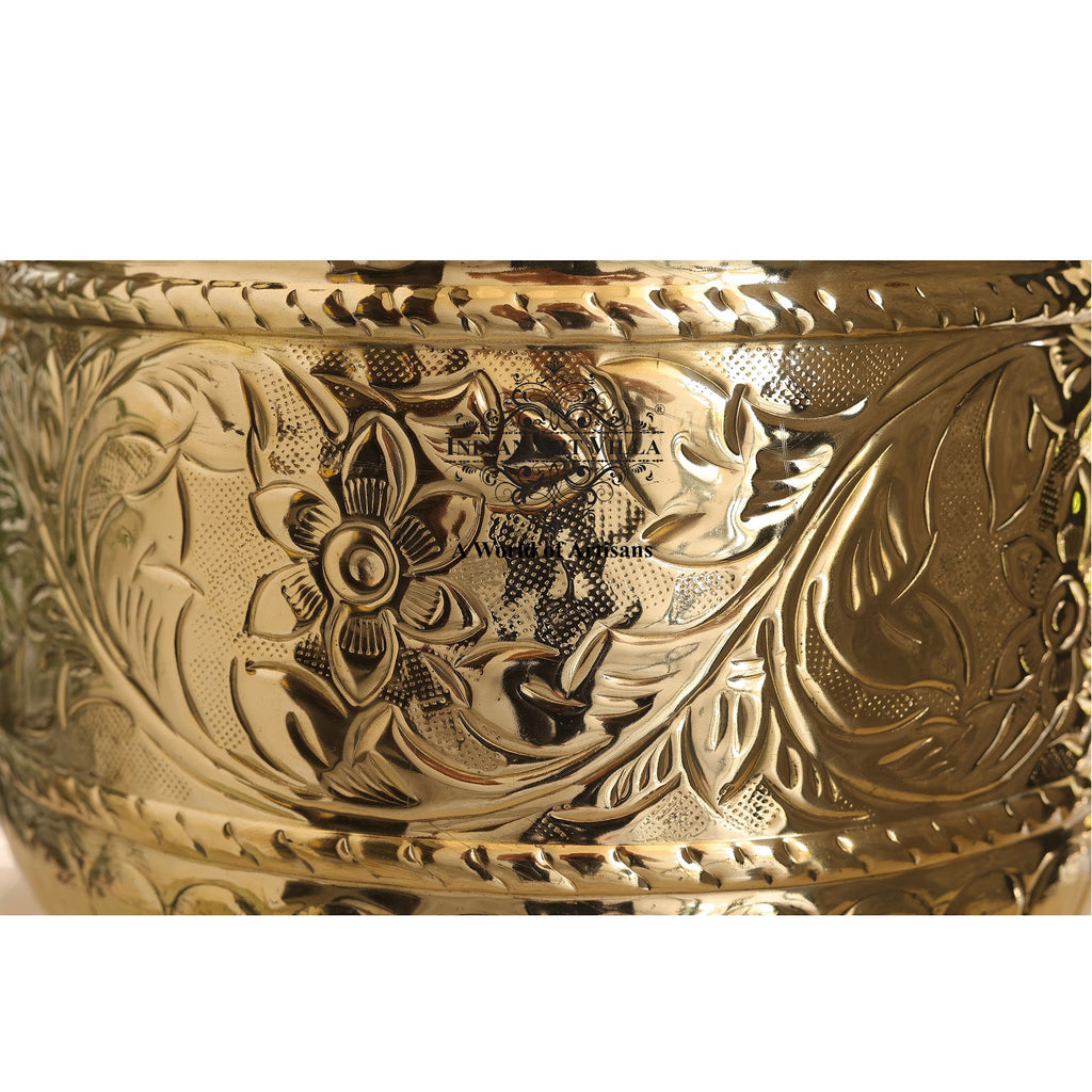 Indian Art Villa Pure Brass Planter With Attatched Handle, Embossed Design Container