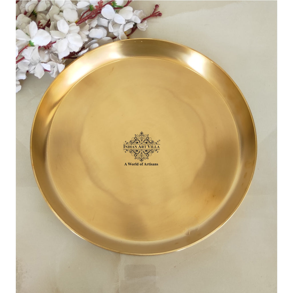 Indian Art Villa Pure Brass Thali, Matt Finish Design, Sarveware, Dinnerware Plate