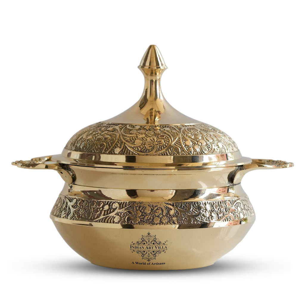 Indian Art Villa Pure Brass Handi With Lid, Embossed Design, Tableware, Serveware