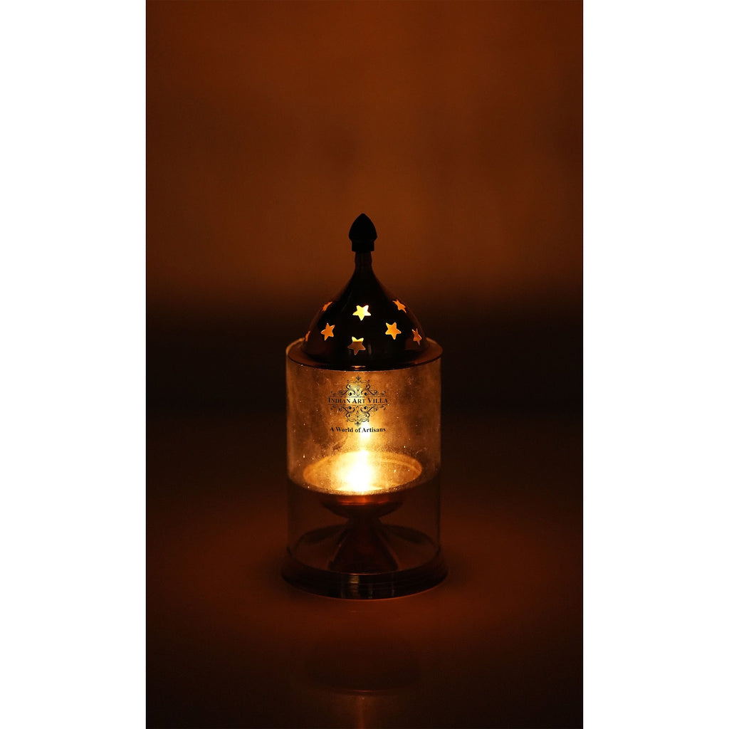 Indian Art Villa Pure Brass Akhand Diya, Oil Lamp With Glass Cover For Pooja