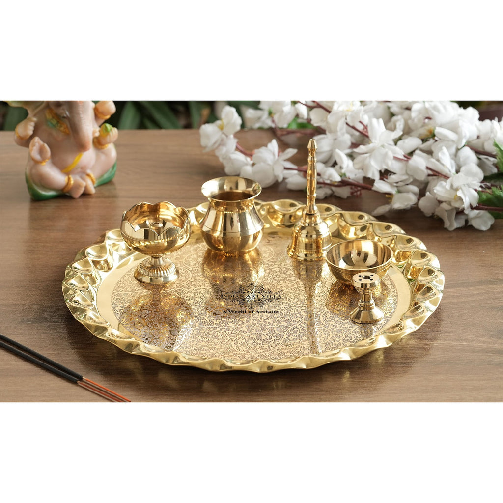 Indian Art Villa Pooja Thali Set, Embossed Design, Gold Plated Decorative