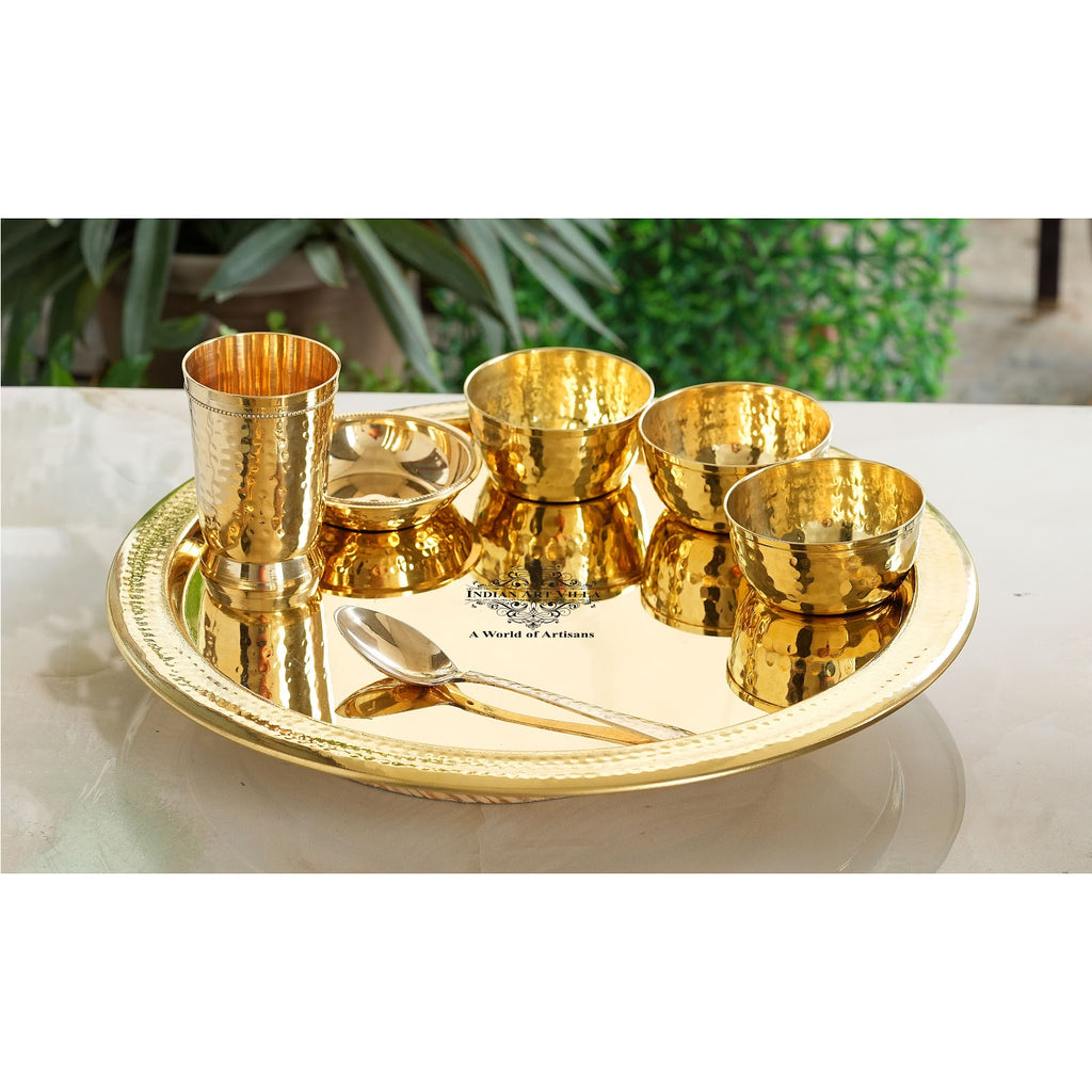 Indian Art Villa Brass 7 Pieces Dinner Set, Hammered Design, Set of 1 Thali, 1 Glass, 1 Spoon, 1 Halva Plate, 3 Bowl