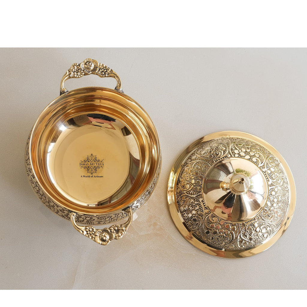 Indian Art Villa Pure Brass Handi With Lid, Embossed Design, Tableware, Serveware
