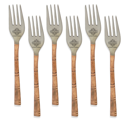 Six-piece Steel Copper Dessert Forks with matte copper handles and engraved steel tips for a refined dining experience.