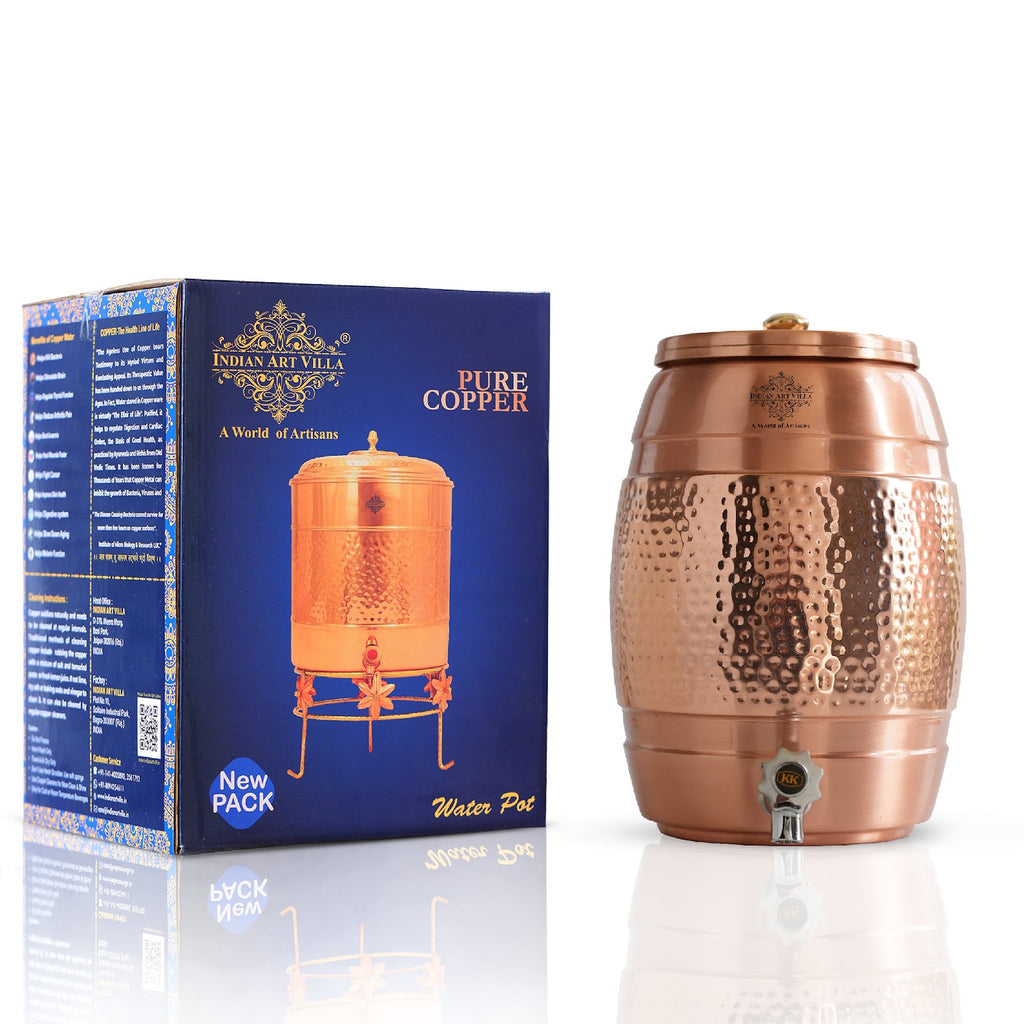 Indian Art Villa Pure Copper Water Dispenser 5 Litre, Copper Matka Pot with Half Lacquer and Half Hammered, Ayurvedic Water Storage Container