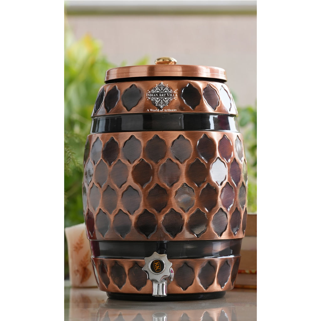 Indian Art Villa Copper Water Dispenser 5 Litre, Copper Matka Pot, Antique Diamond Design, Ayurvedic Water Storage Container