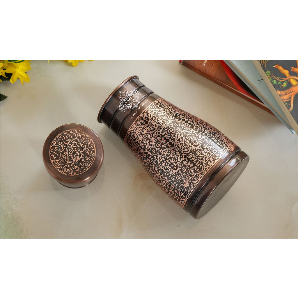 Indian Art Villa Pure Copper Embossed Bedroom Bottle in Antique Dark Finish