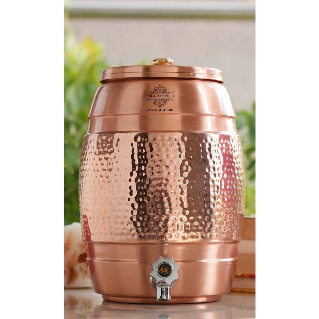 Indian Art Villa Pure Copper Water Dispenser 5 Litre, Copper Matka Pot with Half Lacquer and Half Hammered, Ayurvedic Water Storage Container