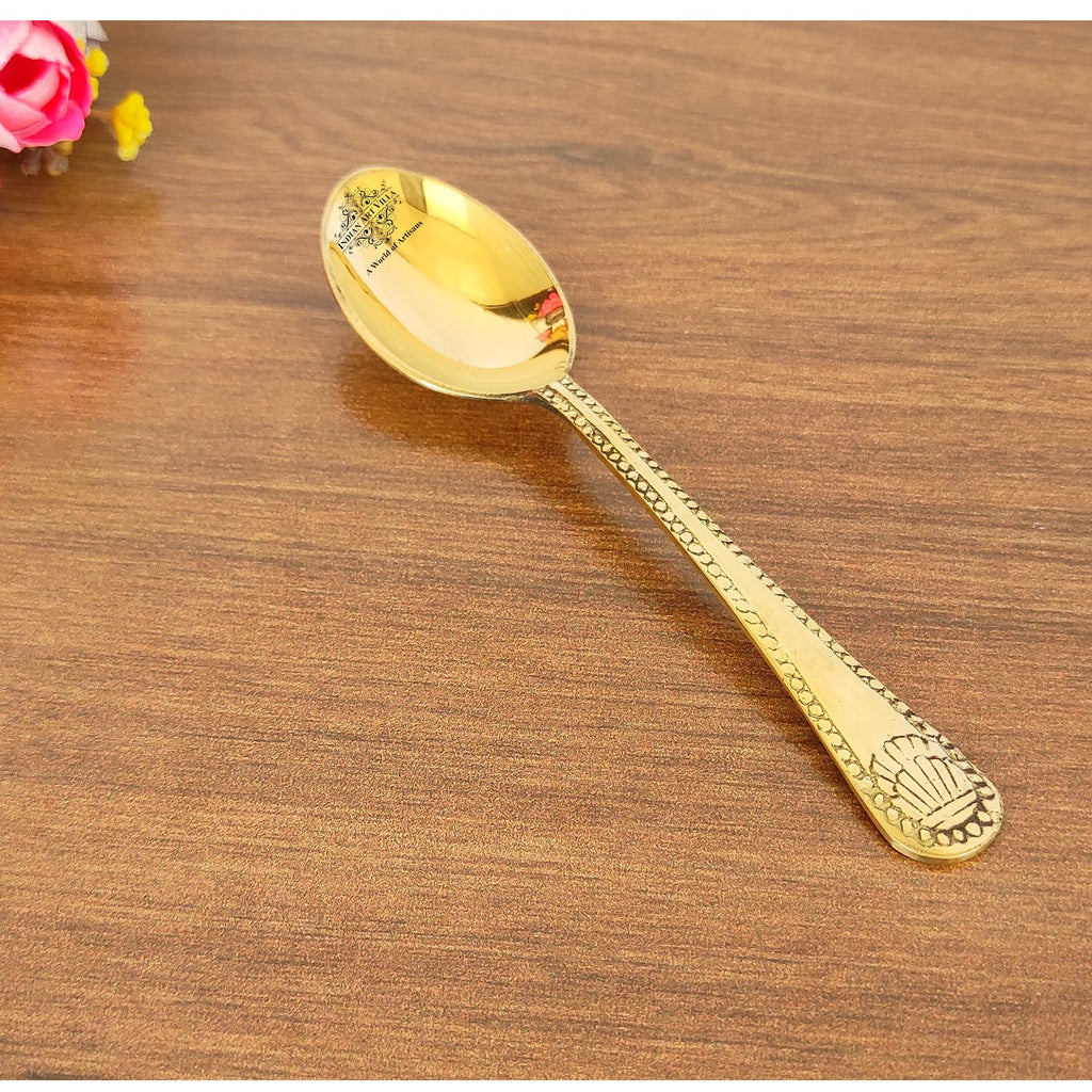 Indian Art Villa Premium Brass Dinner Spoon, Golden Beeding Design -