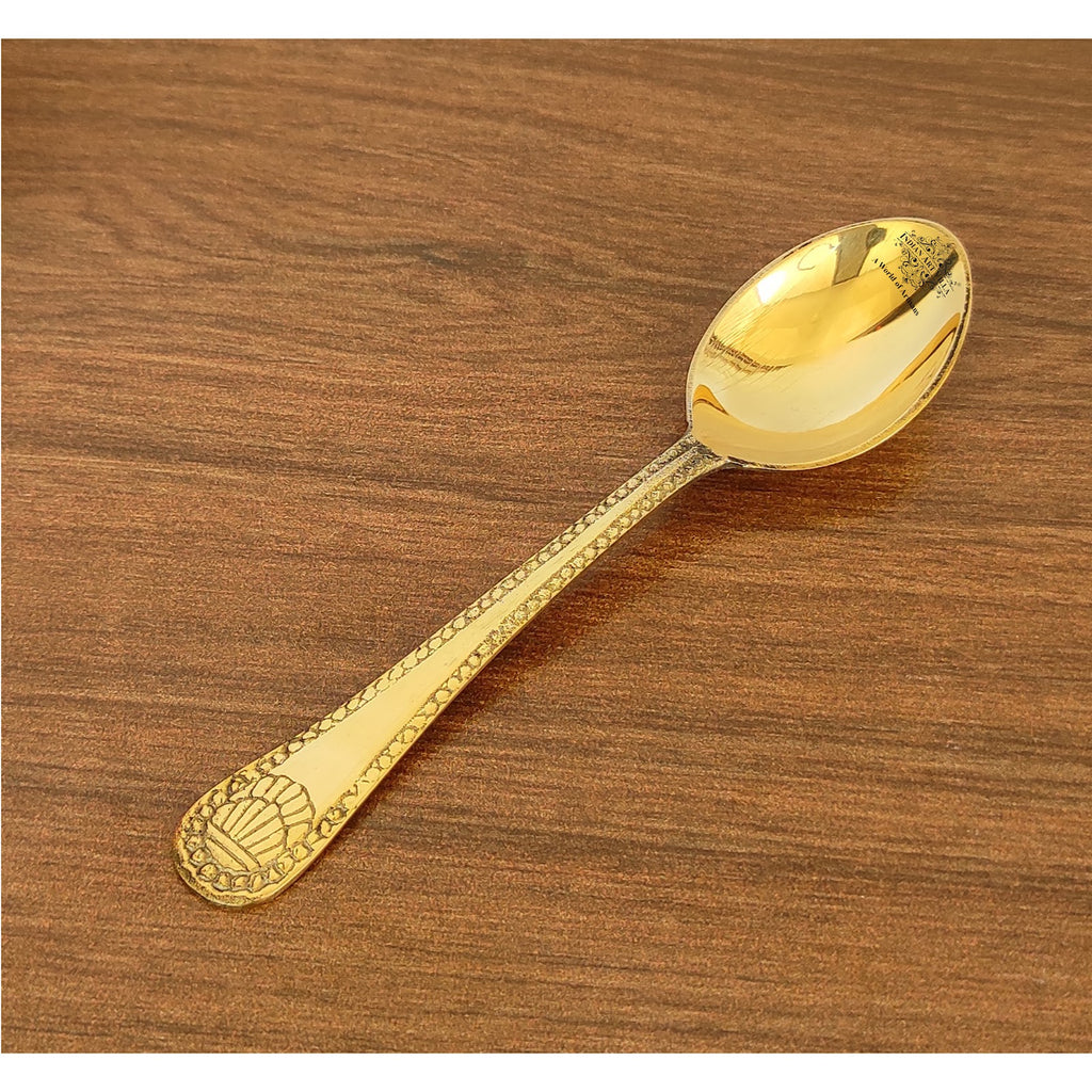 Indian Art Villa Premium Brass Dinner Spoon, Golden Beeding Design -