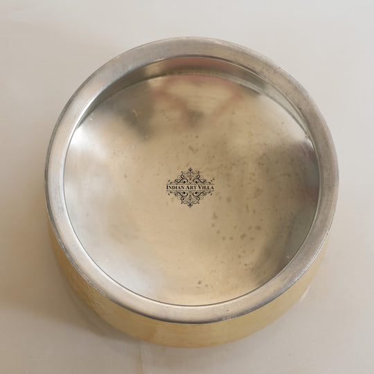 Polished brass patila with hammered golden surface two liter round shape broad rim edge and protective tin lining interior