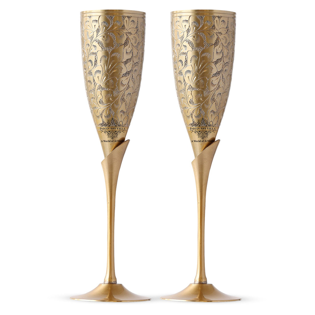INDIAN ART VILLA Brass Embossed Design Flute Champagne Glass, Volume- 170 ML