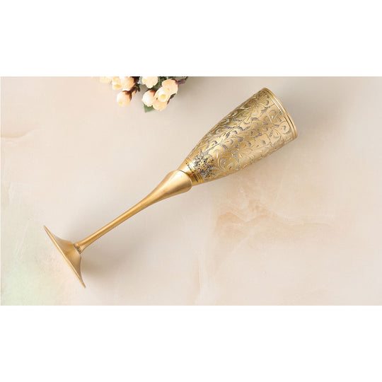 Handcrafted Pure Brass Embossed Design Flute Champagne Glass, Barware, Drinkware, Volume- 170 ML