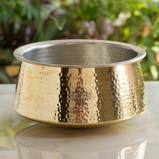 Handcrafted brass patila with hammered texture shiny golden body two liter size and smooth silver tin lining inside