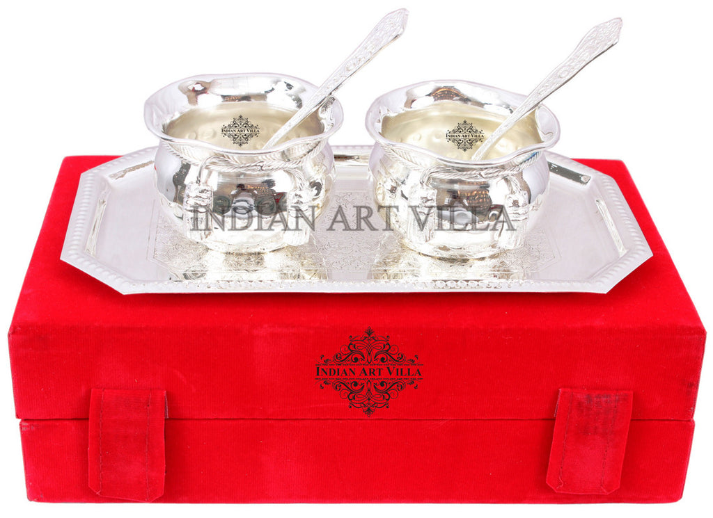 Silver Plated Flower Design Bowl 200 ML 2 Spoon 1 Tray