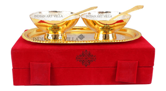 Silver Plated Gold Polished Embossed Design 2 Bowl & 2 Spoon & 1 Tray