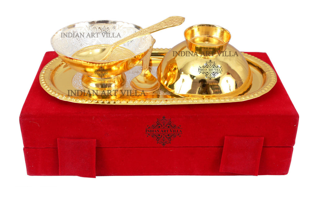Indian Art Villa Silver Plated Gold Polished Embossed Design 2 Bowl & 2 Spoon & 1 Tray