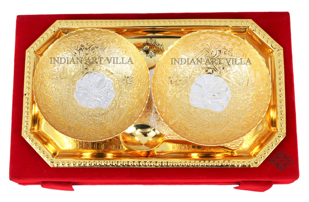 Indian Art Villa Pure Silver Plated Gold Polished Designer 2 Bowl with 2 Spoon & 1 Tray