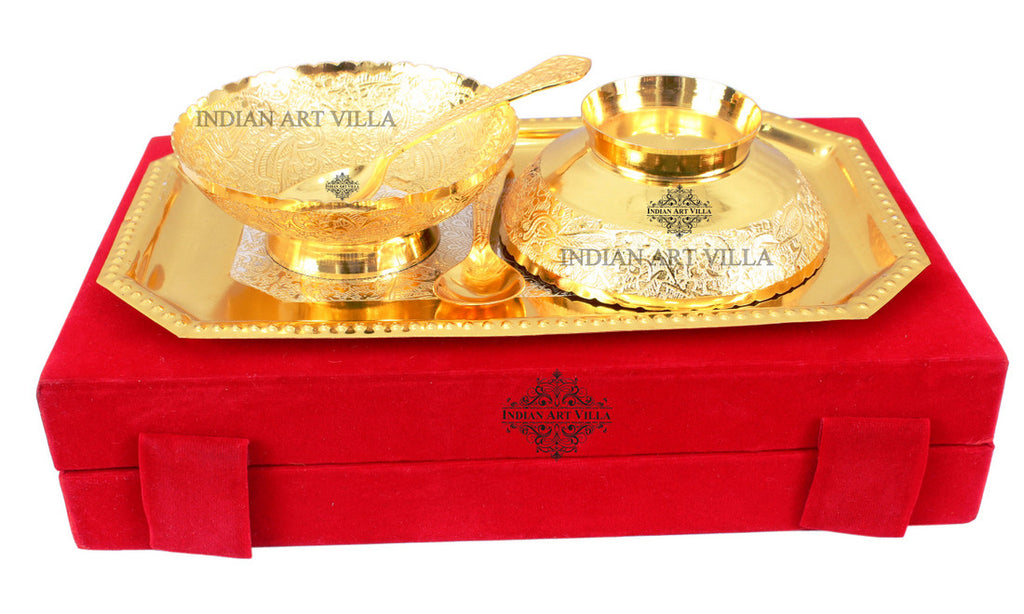 Indian Art Villa Pure Silver Plated Gold Polished Designer 2 Bowl with 2 Spoon & 1 Tray