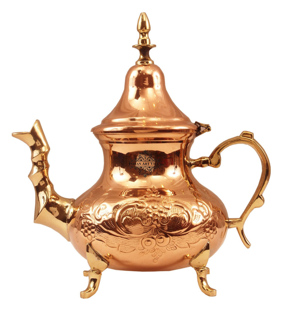 Indian Art Villa Pure Copper Designer Mughlai Tea Pot with Inside Lining