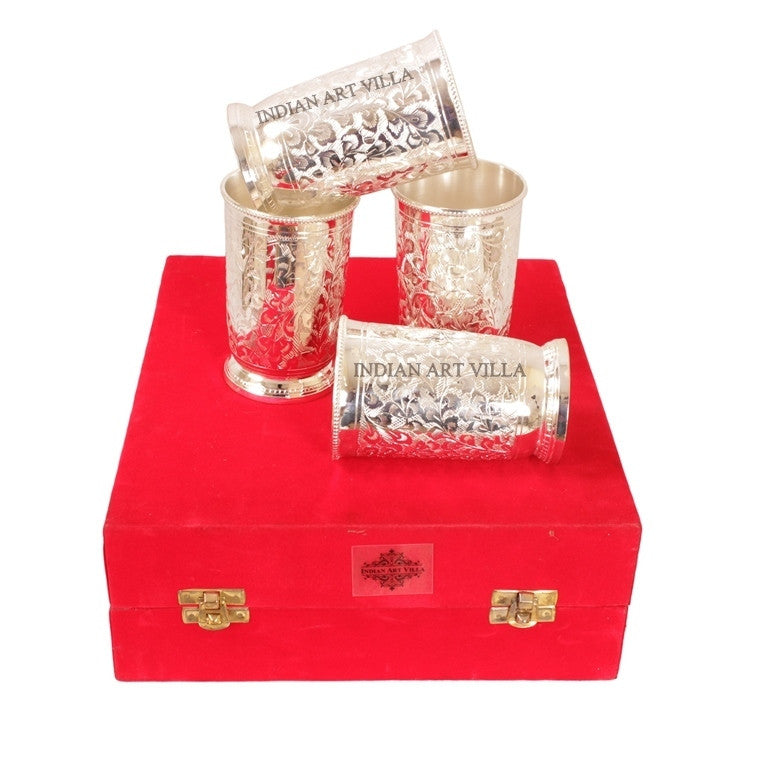 Indian Art Villa Silver Plated Set of 4 Designer Glass Tumbler with Box