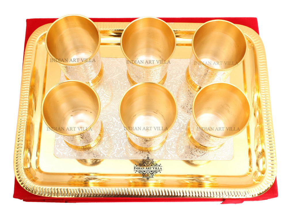 INDIAN ART VILLA Silver Plated Gold Polished 6 Glass with 1 Tray