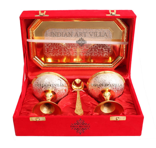 Pure Silver Plated Gold Polished 2 Ice Cream Bowl with 2 spoon & 1 tray