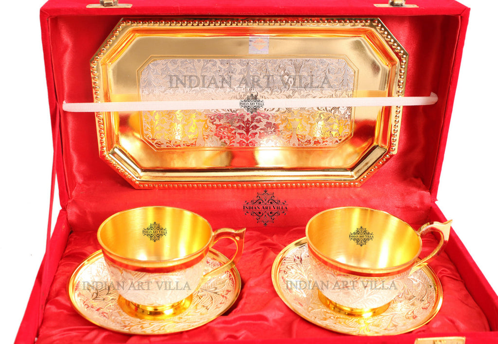 Indian Art Villa Set of 2 Silver Pleated Gold Polished Silver Plated Set of 2 Cup Sauccers with 1 Tray - Serving Tea Tableware Home Hotel Gift item Decorative Products