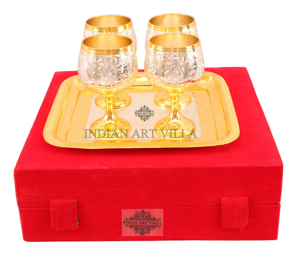 Indian Art Villa Silver Plated Gold Polish 4 Wine Glass & 1 Square Tray