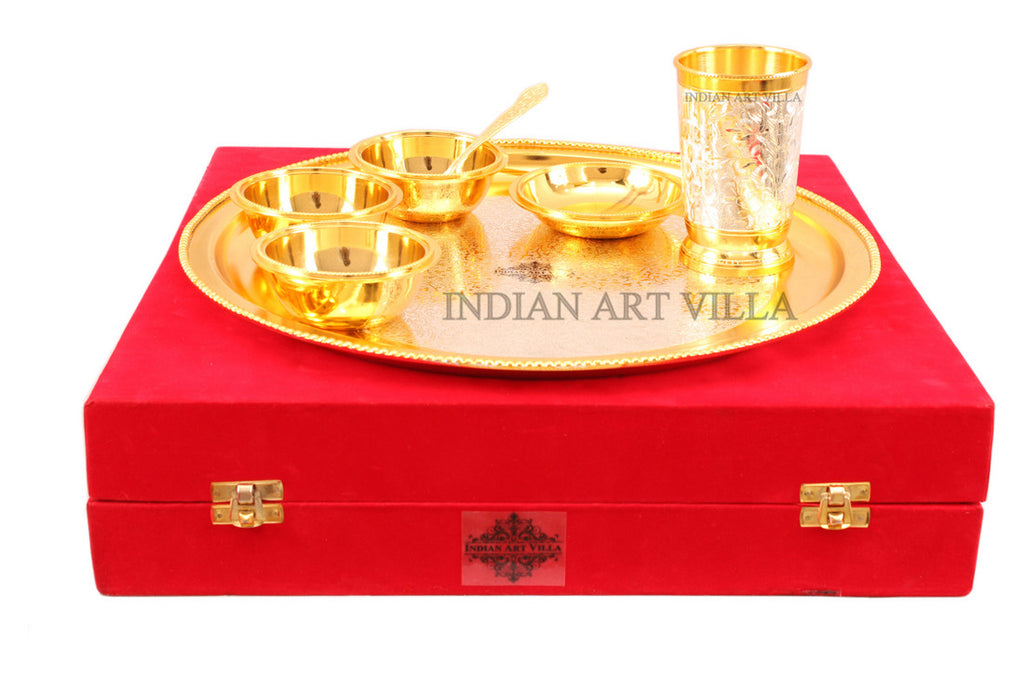 Indian Art Villa Silver Plated Gold Polished Embossed Design Dinner Set