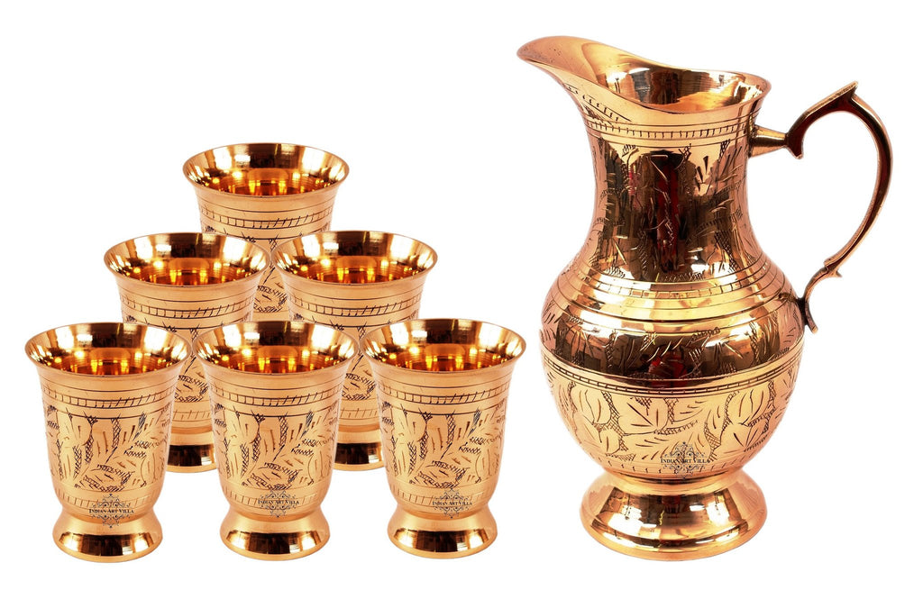 Set of 1 Designer Mughlai Style Brass Jug 1050 ML with 6 Glass 250 ML each